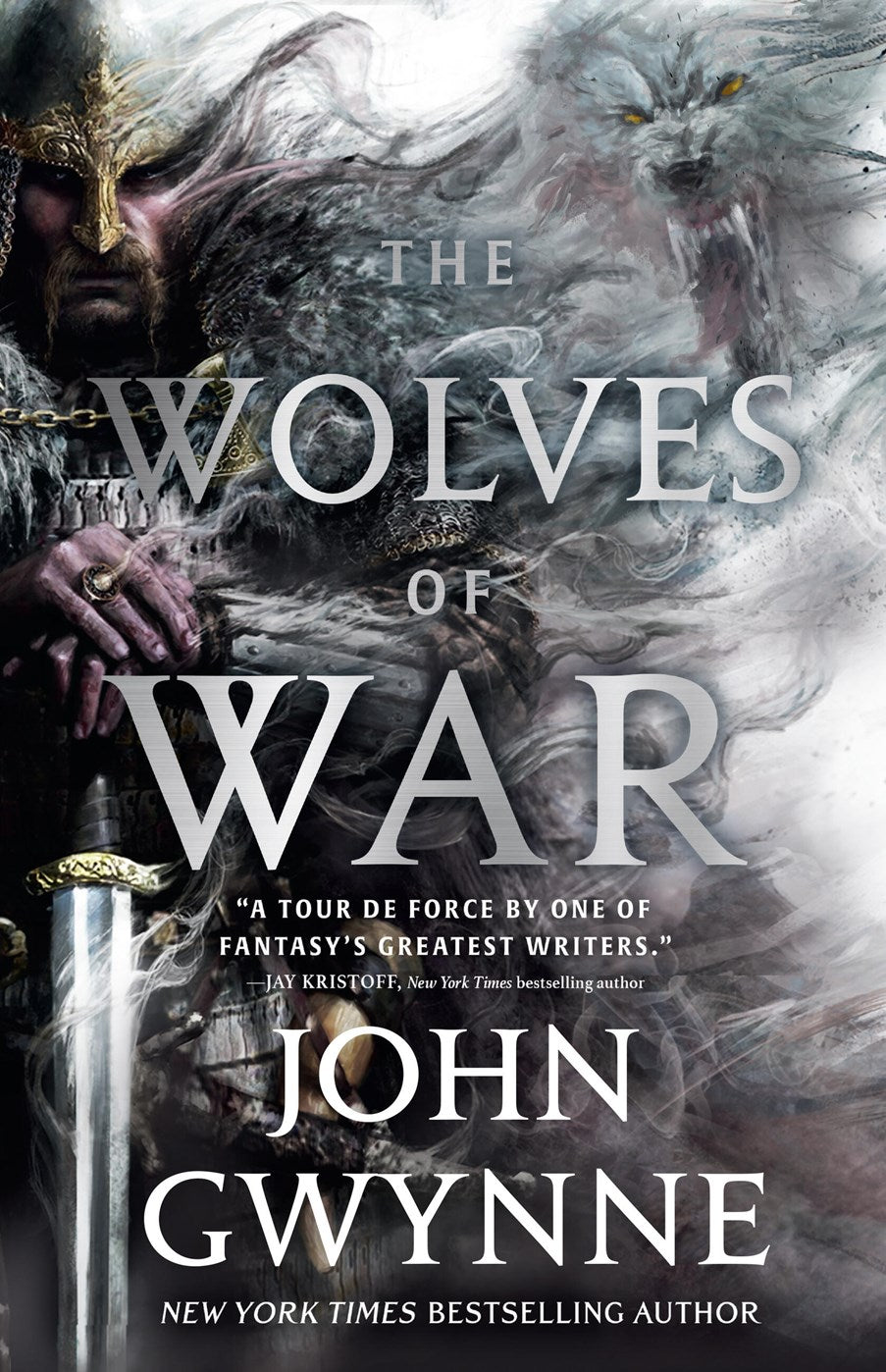 Cover of The Wolves of War by John Gwynne, featuring a knight with a sword on the right side of the image with a wolf face coming out of smoke on the left side.