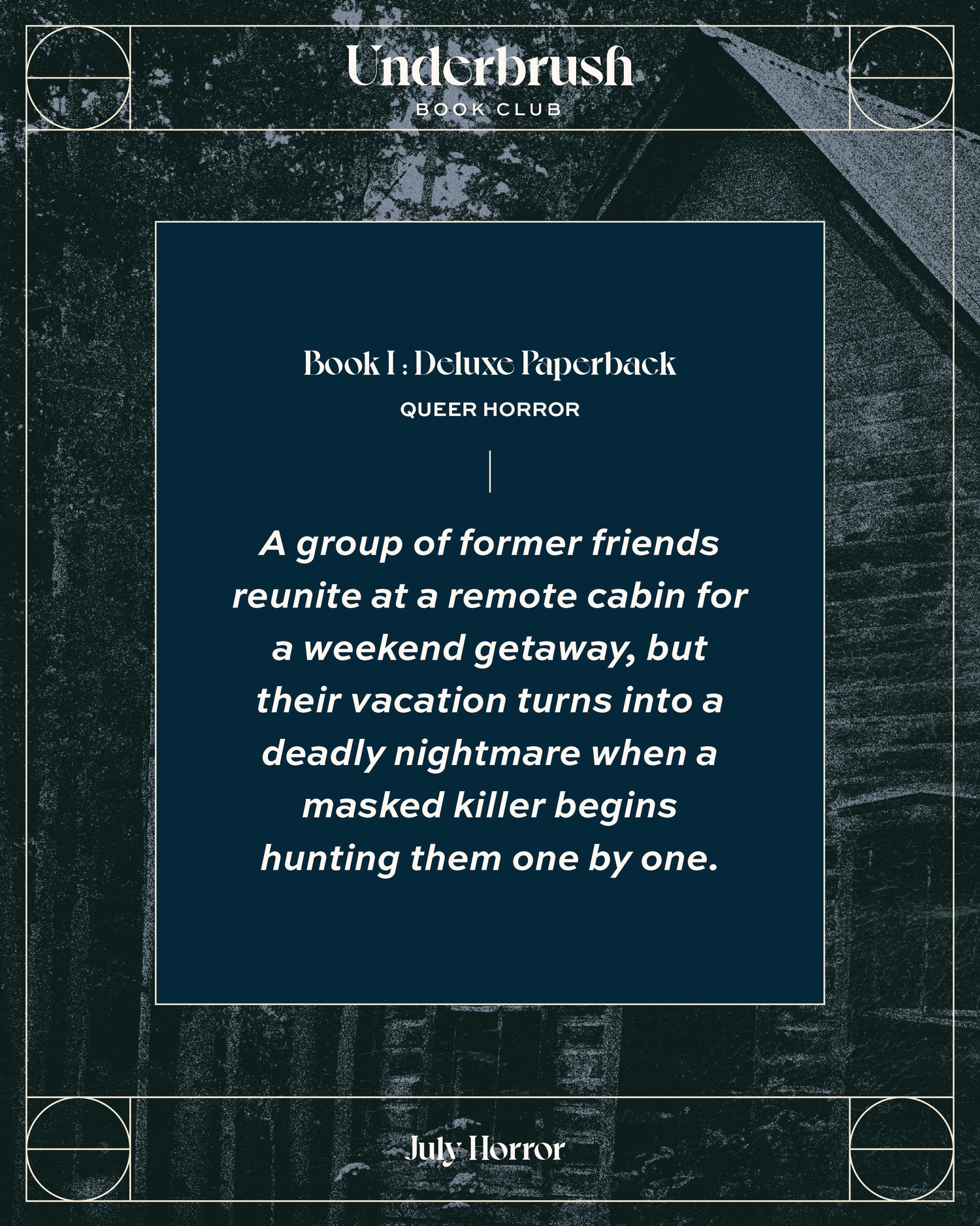 Grainy photo of a cabin with text overlayed that reads "A group of former friends reunite at a remote cabin for a weekend getaway, but their vacation turns into a deadly nightmare when a masked killer begins hunting them one by one."