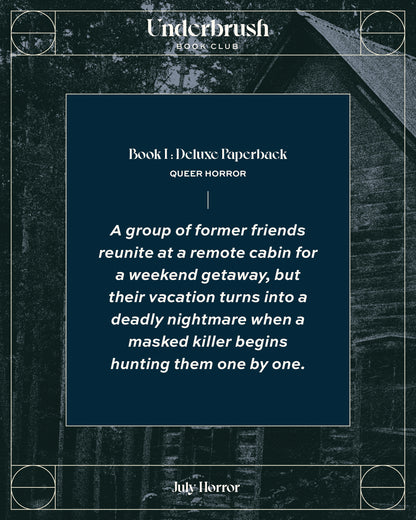Grainy photo of a cabin with text overlayed that reads "A group of former friends reunite at a remote cabin for a weekend getaway, but their vacation turns into a deadly nightmare when a masked killer begins hunting them one by one."
