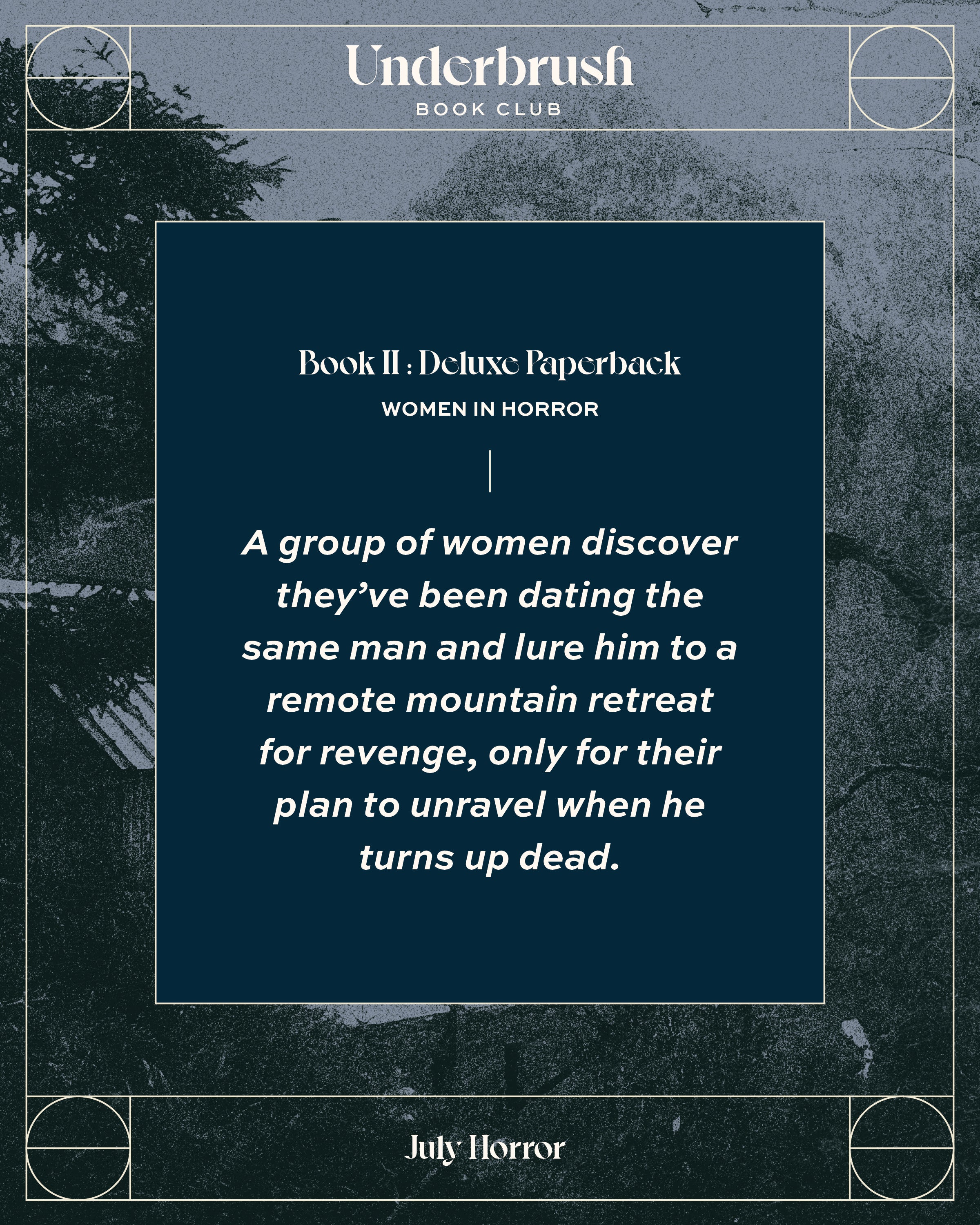 Grainy photo of a mountain with text overlayed that reads "A group of women discover they’ve been dating the same man and lure him to a remote mountain retreat for revenge, only for their plan to unravel when he turns up dead."