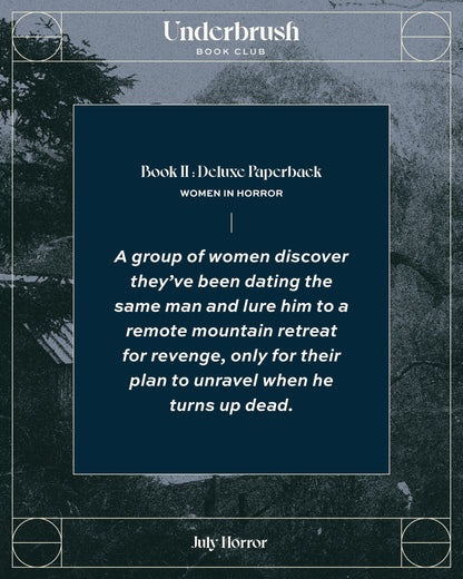 Grainy photo of a mountain with text overlayed that reads "A group of women discover they’ve been dating the same man and lure him to a remote mountain retreat for revenge, only for their plan to unravel when he turns up dead."